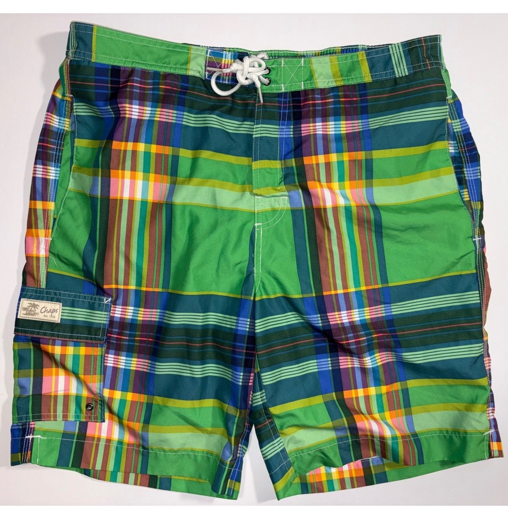 Chaps Mens Plaid‎ Swim Trunks LG Green Multicolor Pocket Drawstring Waist
